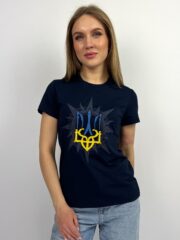 Футболка жіноча "Тризуб у сонці" темно-синя з вишивкою