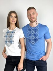 Футболки для пари «Поліська зірка» молочна блакитна з машинною вишивкою